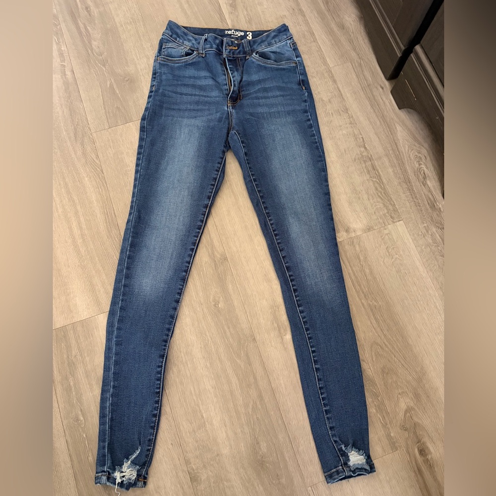 refuge Indigo Wash Skinny Jeans with Ankle Distress